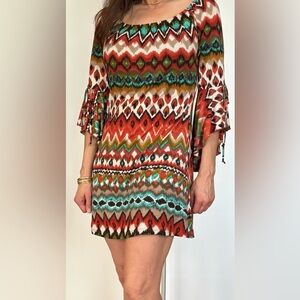 2b Together Off Shoulder Boho Tribal Bell Sleeve Mini Dress Sz‎ S